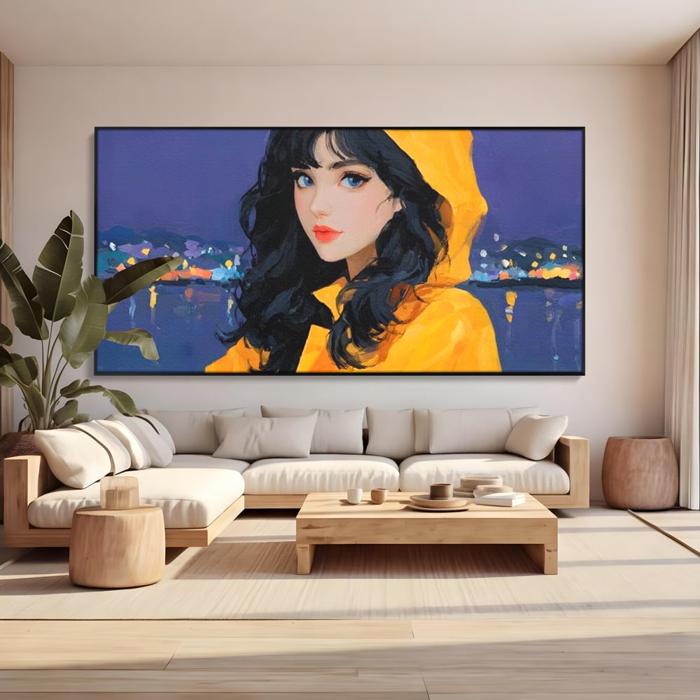 Tablou canvas cu tablou canvas cu femeie in pelerina galben, in rama de aluminiu negru, pe perete intr-un living